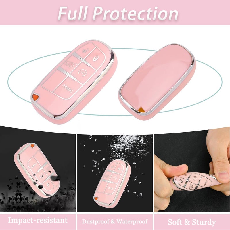 JAMCARI for Dodge Challenger Key Fob Cover - 3 4 5 Buttons Soft TPU Key Fob Case for Durango Charger Jeep Grand Cherokee Renegade Compass Comander Full Protection Car Key Cover with Bling Keychain - Image 3